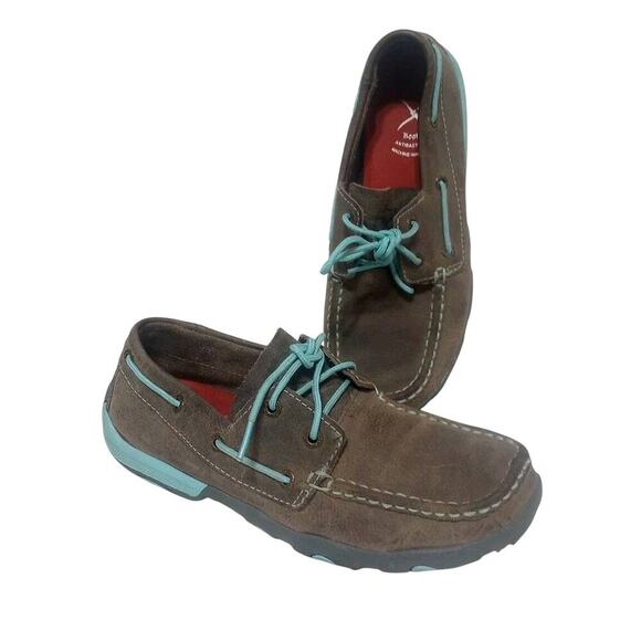 Twisted X Moc Driving Boat Shoe WDM0098 Womens 6.5 M Gray Leather Turquoise Lace - Picture 1 of 8